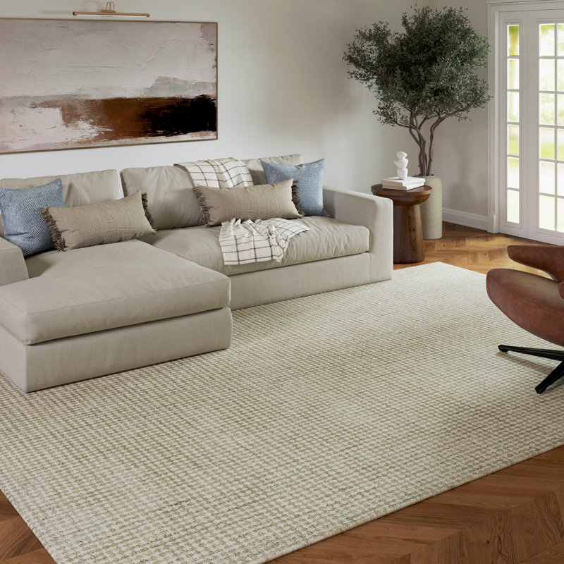 Abstract Contemporary Grid Handmade Wool Blend Area Rug, Rectangle 9' x 12', Green/Ivory