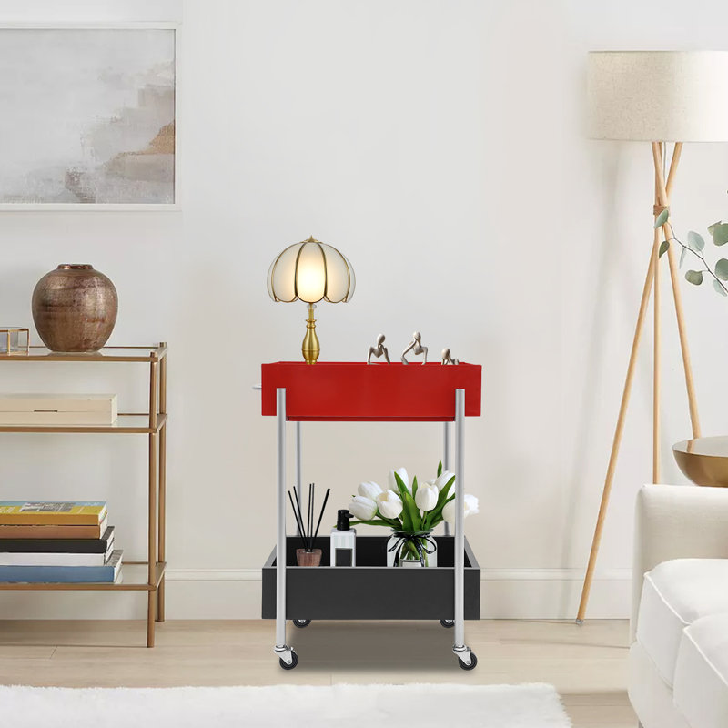 Chariot de rangement roulant à 2 niveaux avec tablettes en verre, chariot utilitaire en métal avec roues et poignée, organisateur moderne pour la cuisine, le salon, la chambre à coucher