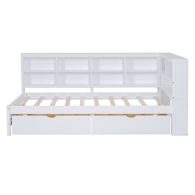 Wooden Twin Size DayBed with 2 Drawers, DayBed with Storage Shelf and USB Charging Ports, White