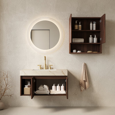 Ensemble meuble-lavabo suspendu EIDEN 36 + TOBI 26, avec rangement mural, comptoir en pierre frittée couleur crème veinée or, lavabos en céramique, 3 trous pré-percés pour robinetterie, robinetterie et bonde non inclus, finition noyer.