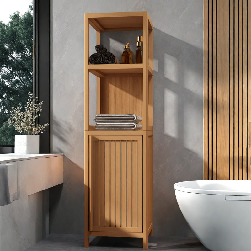 Sleek Bamboo Storage Cabinet With Hidden Storage & Open Shelves For Bathroom And Living Room Organization, Natural