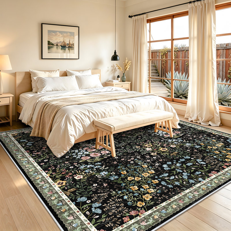 Tapis floral Eden Mughal, Noir, Carré 10pi