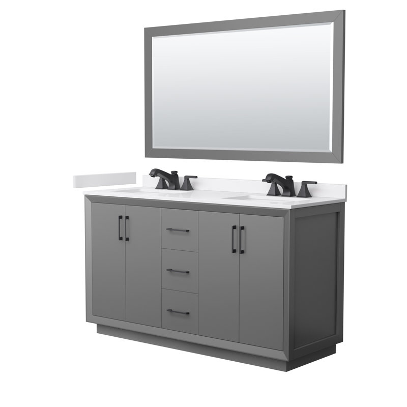 Strada 60" Freestanding Double Bathroom Vanity with Cultured Marble Top, Gray, Matte Black