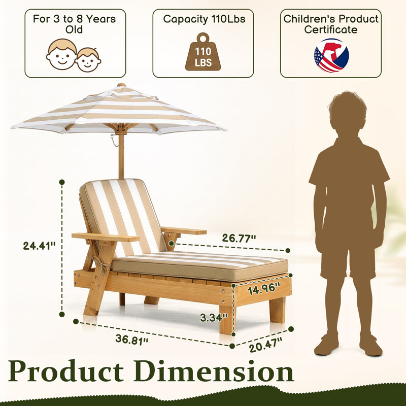 Chaise longue pour enfants en bois avec parasol et coussin rayé brun et blanc pour enfants, Brown