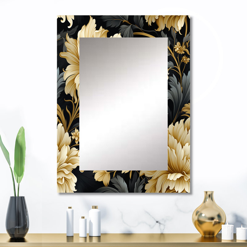 Decambra Luxurious Black and Beige Flowers Damask - miroir damassé, miroir mural damassé unique, impression sur métal