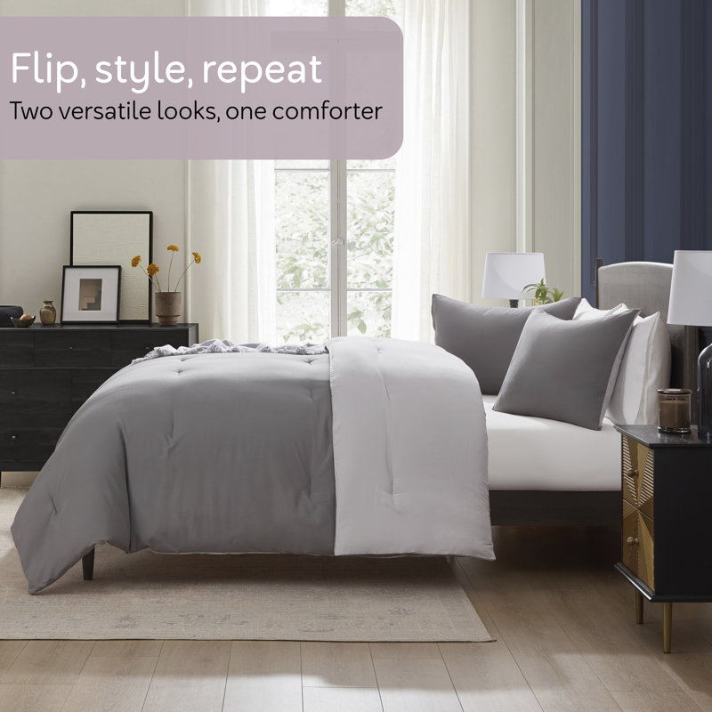 Ultra Soft Modern Reversible 3 Piece Comforter Set, Dark Gray/Light Gray, Queen Comforter + 2 Standard Shams