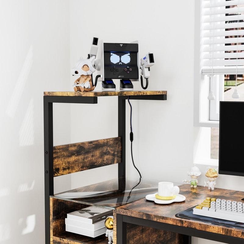 Bureau d'ordinateur brun avec station de charge et tablette, alignement réversible, construction, lumières à DEL, ports, complément de crochet d'écouteur pour le travail de bureau, brun, rangement de prise de courant, tablettes,