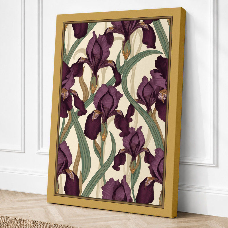 Iris Garden Pattern Botanical - Wrapped Canvas, 30x20 - 76.2 x 50.8 cm, Ochre Border