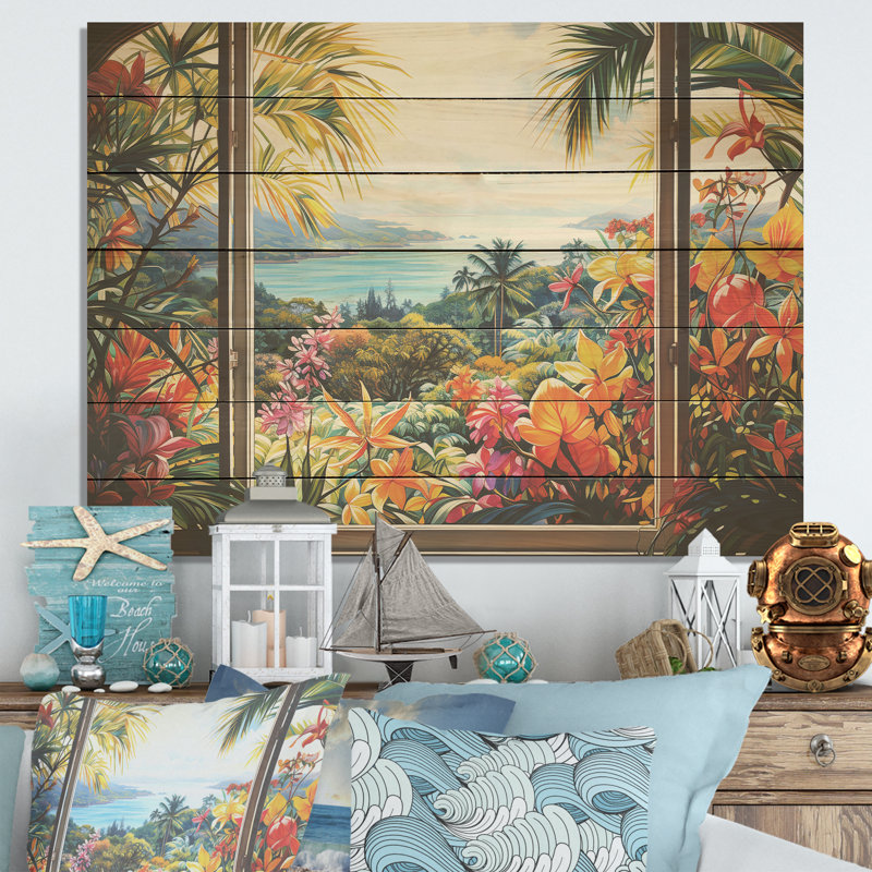 Fleurs tropicales avec Blooms IV - fenêtres côtières sur bois, H 30 po x l 40 po