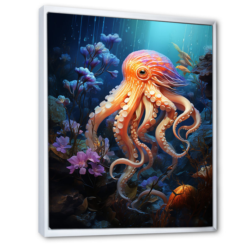 Impression sur toile Popup Octupus, Cadre flottant blanc, H 32 po x l 16 po x P 1 po