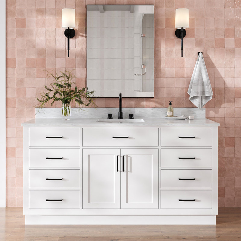 Meuble-lavabo simple en bois massif Jameal avec plateau en marbre de Carrare 0,75 po, Blanc, Forme rectangulaire