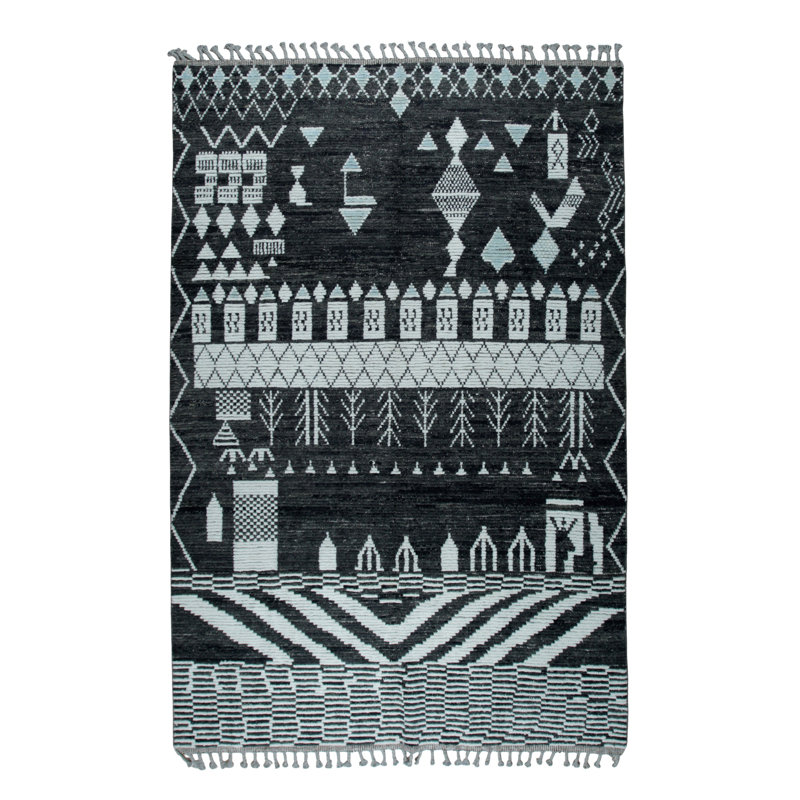 Marrakech Essence Black Contemporary Transitional Hand-Knotted Wool Area Rug, Rectangle 9' x 12'