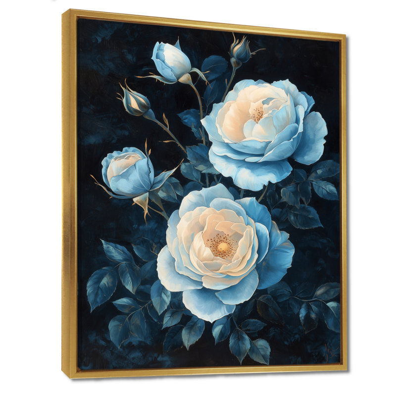 Impression sur toile encadrée «Dark Aqua Roses Elegance At Night II - Roses», H 40 po x l 30 po, Doré