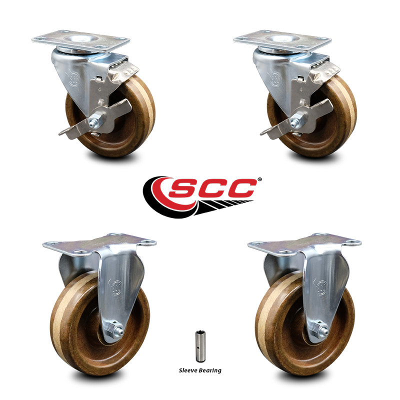 4 Inch High Temp Phenolic Wheel Swivel Top Plate Caster Set with 2 Brake 2 Rigid