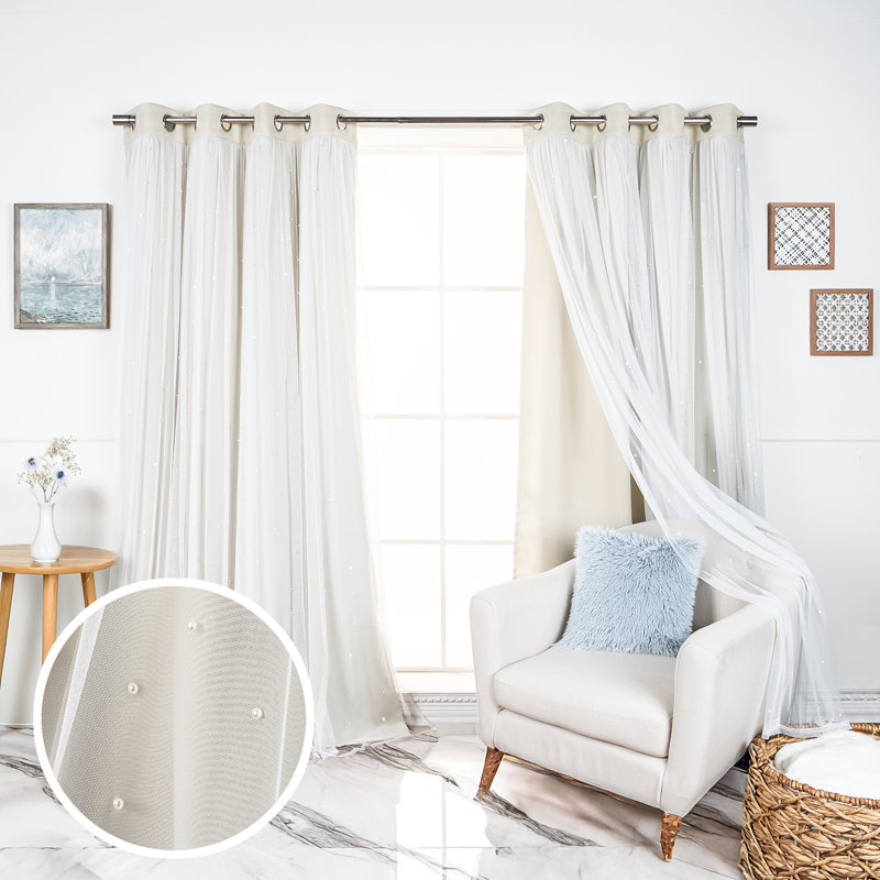 Pearl Beaded Tulle Overlay Room Darkening Grommet Curtains (Set Of 2), 52" W x 84" L, Biscuit