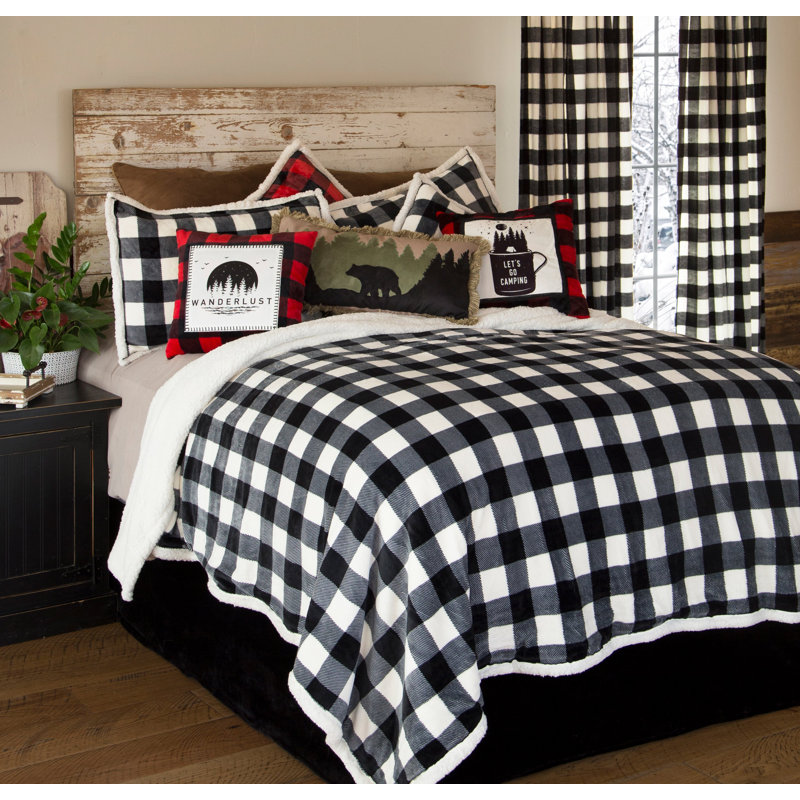 King Black and White Plaid Bedspread Set with Sherpa Back