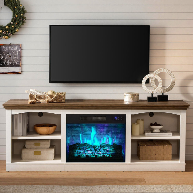 70" Farmhouse Fireplace Tv Stand For 80 Inch Tv, Large Tv Console Table For Living Room, White+barnwood, White/Barnwood