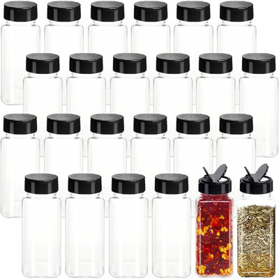 Paquet de 24 pots à épices carrés en plastique de 3,5 oz, contenant d'assaisonnement avec couvercle à vis noir pour verser
