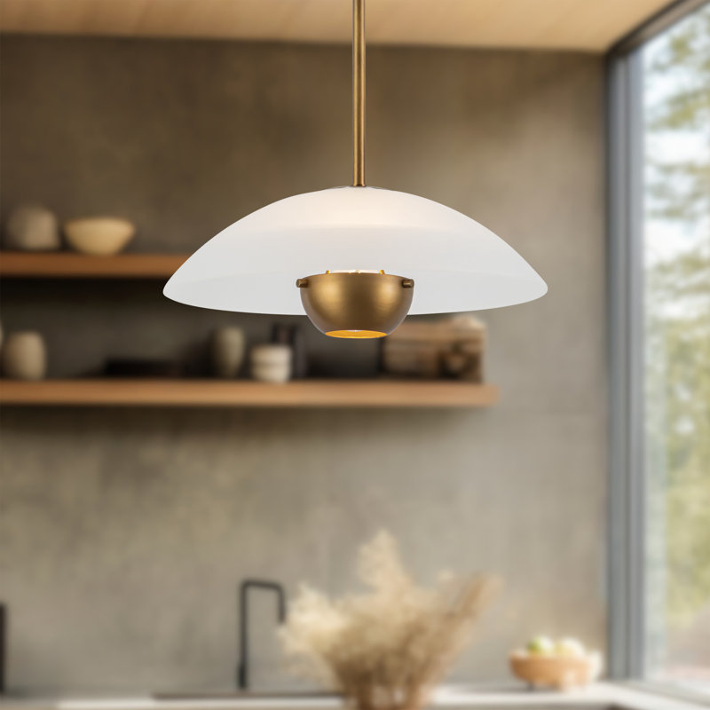Umbra 14-in Black Pendant, 14-in, Matte Opal Glass / Vintage Brass