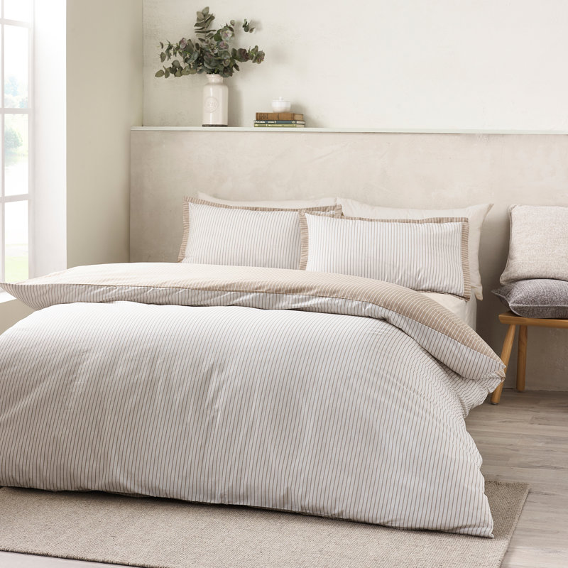 Oxford Pinstripe Reversible Duvet Cover Set, Natural, Double Duvet Cover + 2 Standard Pillowcases