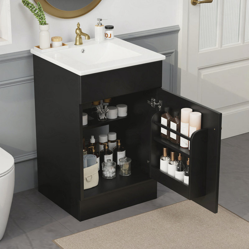Meuble-lavabo de 20 po avec lavabo, meuble-lavabo avec tablette de porte et tablette réglable, Noir