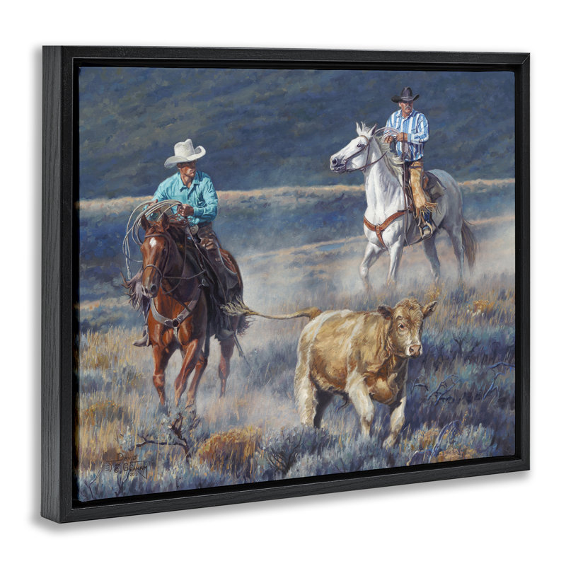 «The Chase Cowboys», art mural encadré par David Graham, Cadre flottant noir de jais, H 17 po x l 21 po