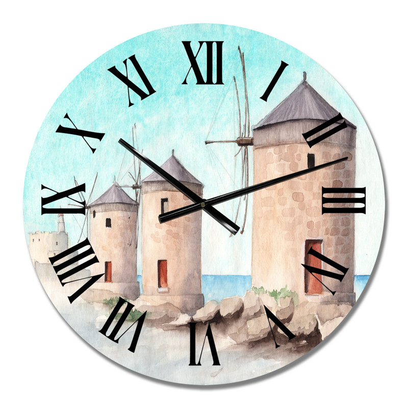 Paysage avec trois moulins à vent - Horloge murale industrielle, Moyen