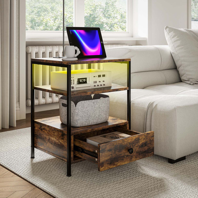 Ensemble de 2 tables de bout avec stations de charge et lumières DEL, tables d'appoint à 3 niveaux avec ports et prises USB, tiroir et tablettes pour le salon