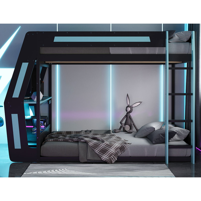 Lit superposé double pleine grandeur avec bureau RVB surdimensionné monté sur le côté, ports de charge USB et œillet pour câble, bande lumineuse à DEL, structure Loft Esports robuste - bleu clair