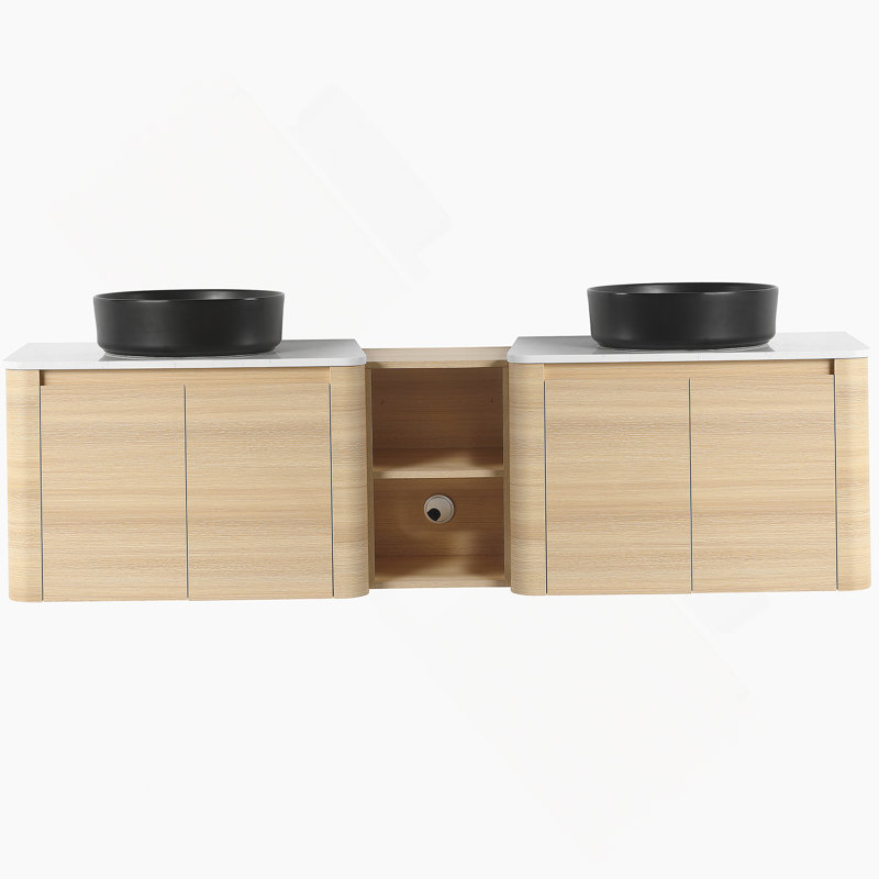 Meuble-lavabo mural 72 po avec lavabo d'art en céramique, tablettes de rangement et portes à fermeture en douceur, peu encombrant et élégant