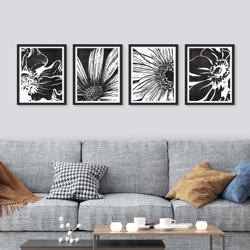«Black Sunflowers Floral Botanical», impression sur papier 4 pièces, H 14 po x l 11 po, Noir