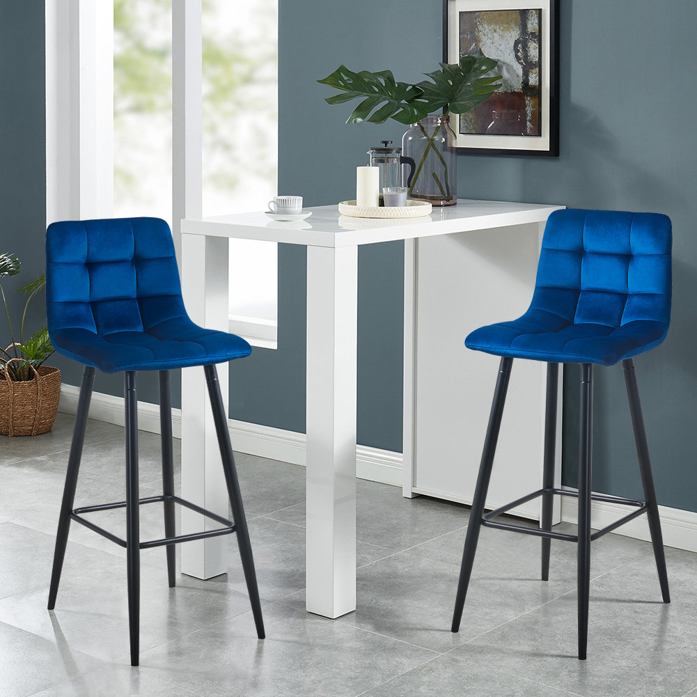 Set Of 2 High Barstools With Blue Velvet Covered Backrest And Metal Footrest,seat High 75cm