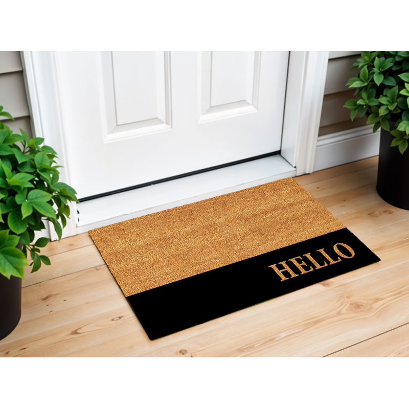 24" X 36" Natural And Black Colour Block Hello Outdoor Coir Door Mat