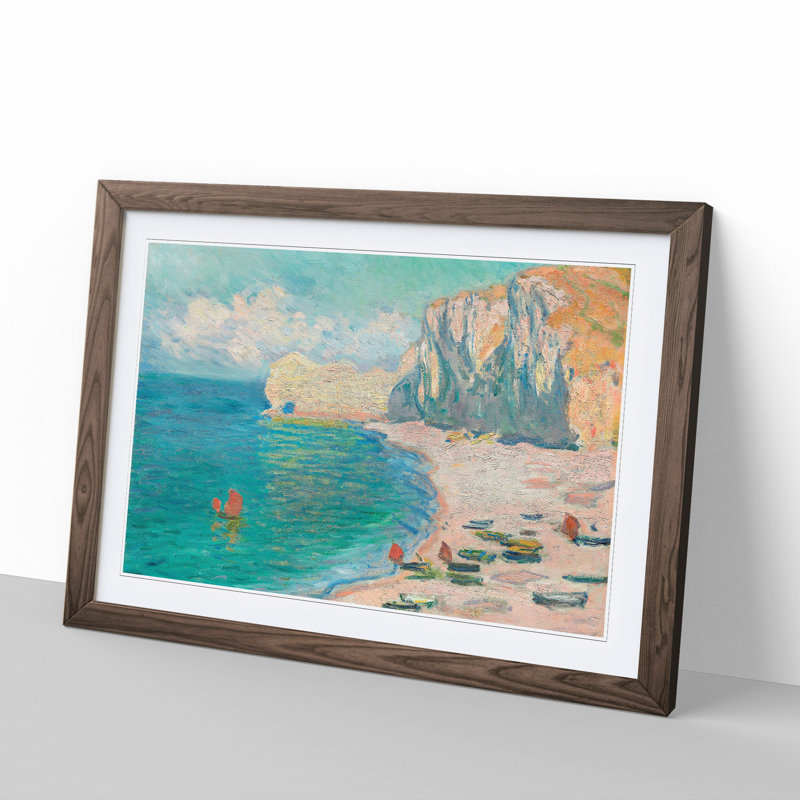 Beach and the Falaise D'Amont by Claude Monet - Picture Frame Painting, Walnut Framed, 48cm H x 65cm W x 2cm D