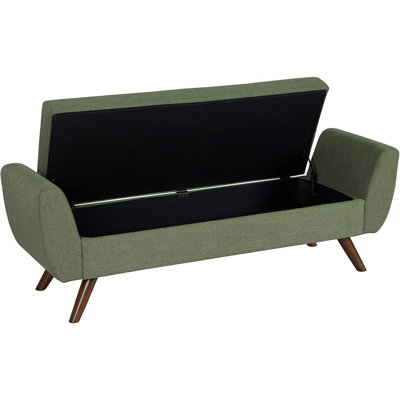 Banc de rangement moderne avec pieds en bois, siège rembourré en tissu tissé, vert olive