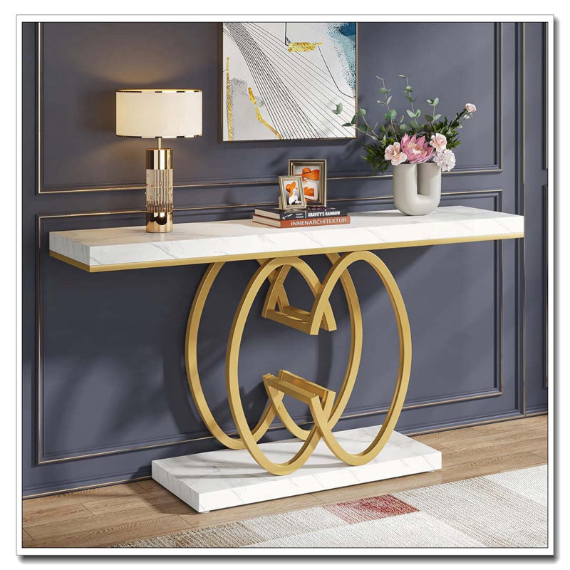 Console moderne en imitation marbre avec cadre gÃ©omÃ©trique dorÃ©