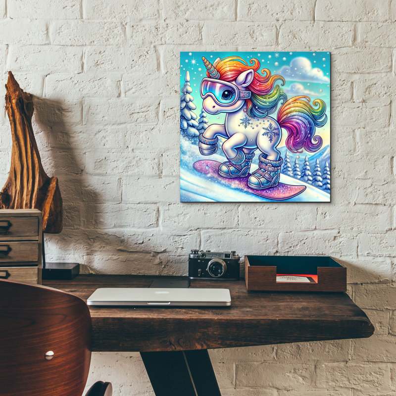  «Unicorn On Snowboard» par Rey Klimt, art mural acrylique, 12 po x 12 po