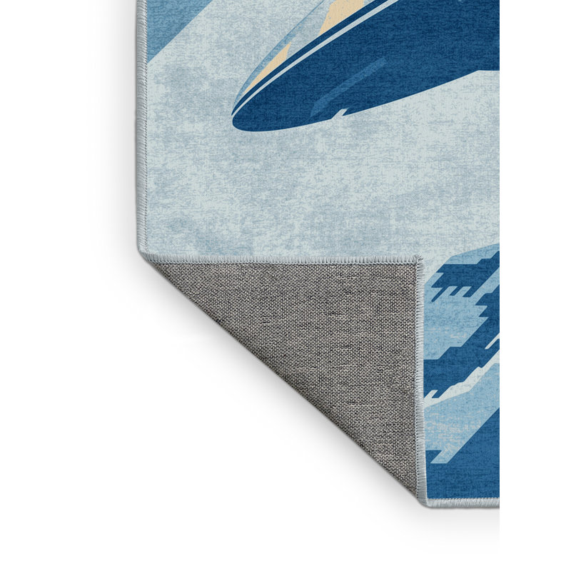 Machine Washable Kendari Alien Flying Saucer Modern Rug in Gray – SkyBlue Binding, 7x10