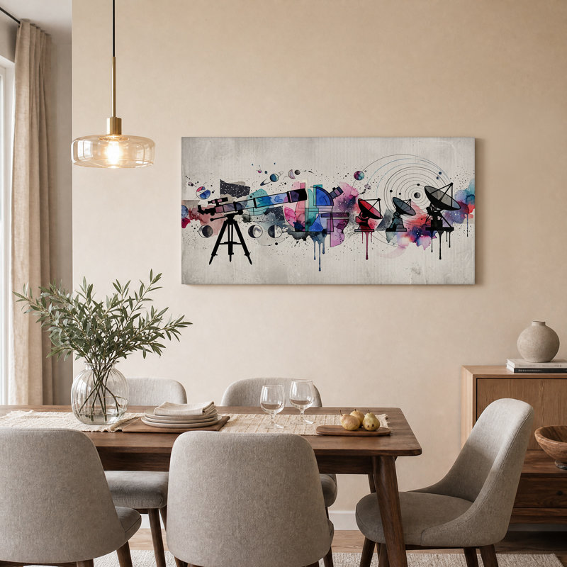 "Telescopes and Satellites", art mural aquarelle coloré, L 32 po x H 16 po