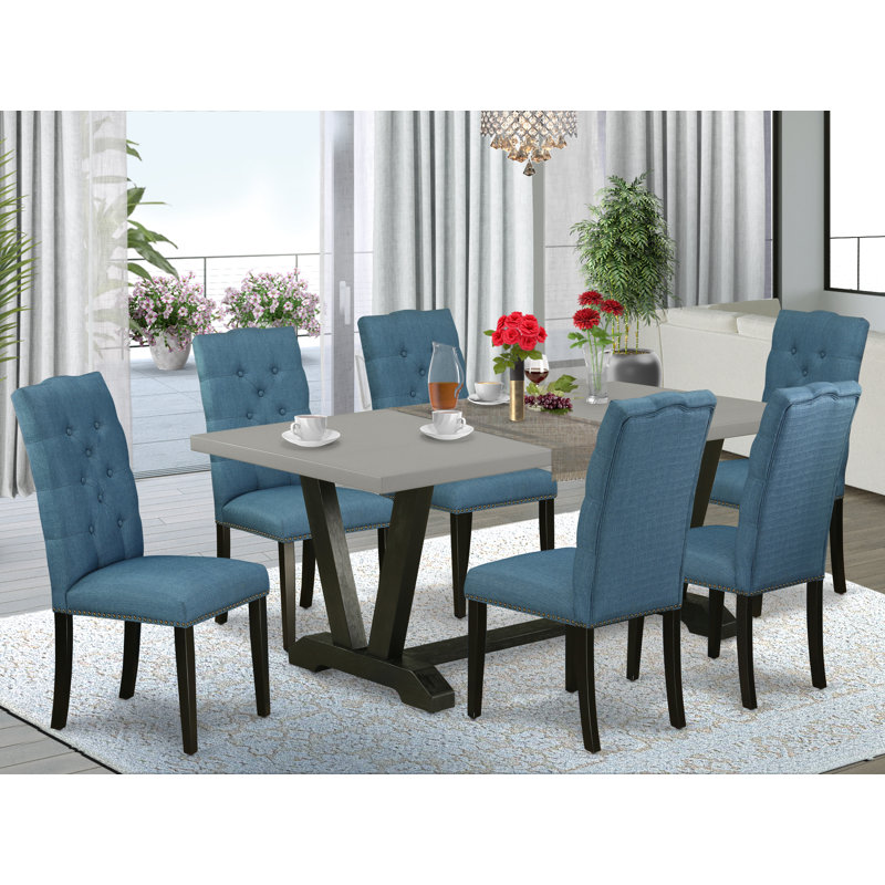 Ensemble de salle à manger 7 pièces composé d'une table de salle à manger rectangulaire avec pieds en V et 6 chaises rembourrées en tissu de lin bleu, finition arrière brossée