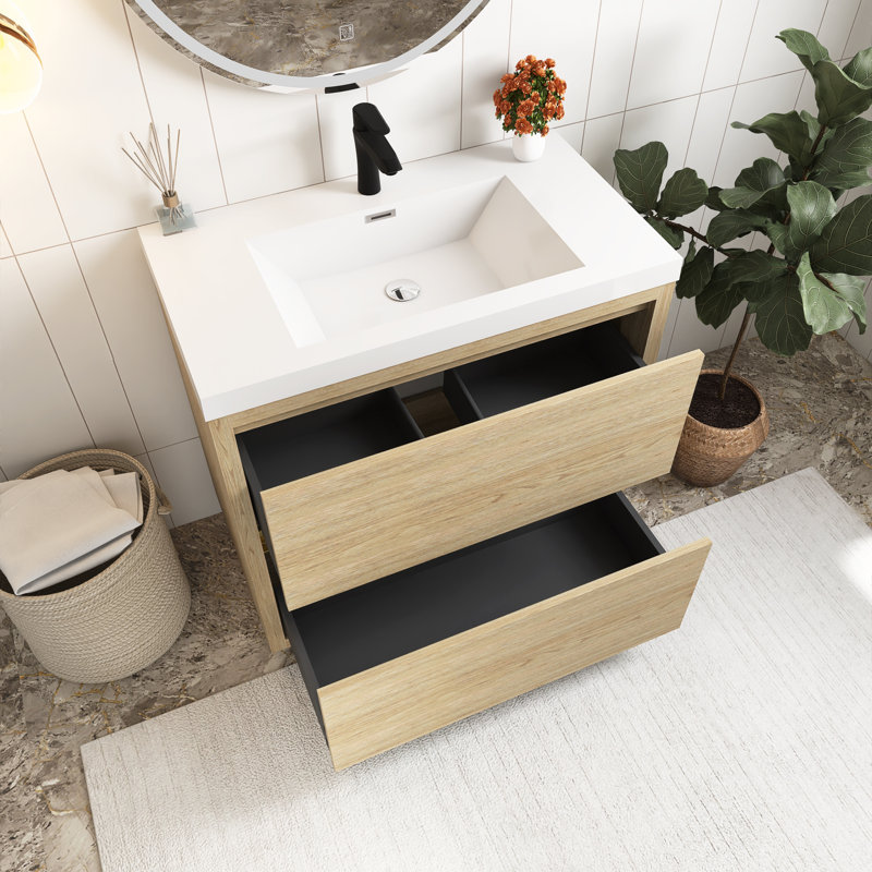 Meuble-lavabo sur pied 36 po avec lavabo, Bois de chêne naturel