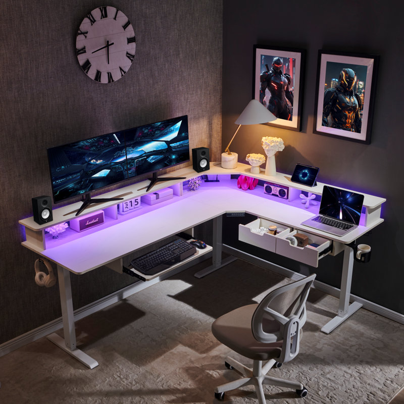 75" L-shaped Electric Standing Desk With Smart Hub & Height-adjustable Design, White