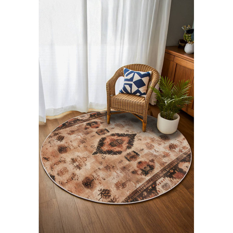 Gracianna Collection Digital Print Cotton-Polyester Brown Moroccan Rug, Round 6'7"