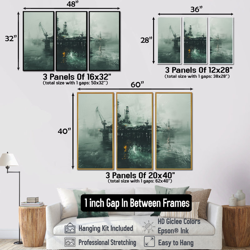 Ensemble de décorations murales gris et vert Winter Drilling Dynamics Oil Rig II, H 28 po x l 36 po x P 1 po