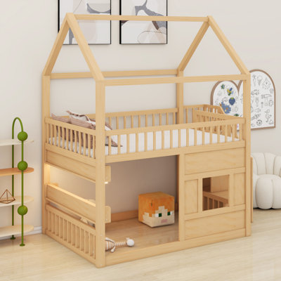 Creative Wooden House Bed with LED Shelf Light