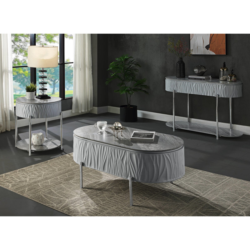 Élégante table basse grise très brillante avec tiroir et butoirs de conception ovale chic