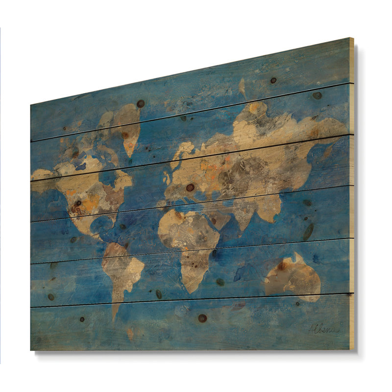 Carte du monde dorée - impression glamour sur bois de pin naturel, H 30 po x l 40 po x P 1,5 po