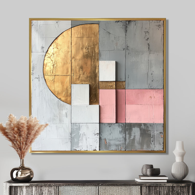 Motif géométrique abstrait géométrique doré rose et gris, Impression encadrée flottante, H 16 po x l 16 po, Or