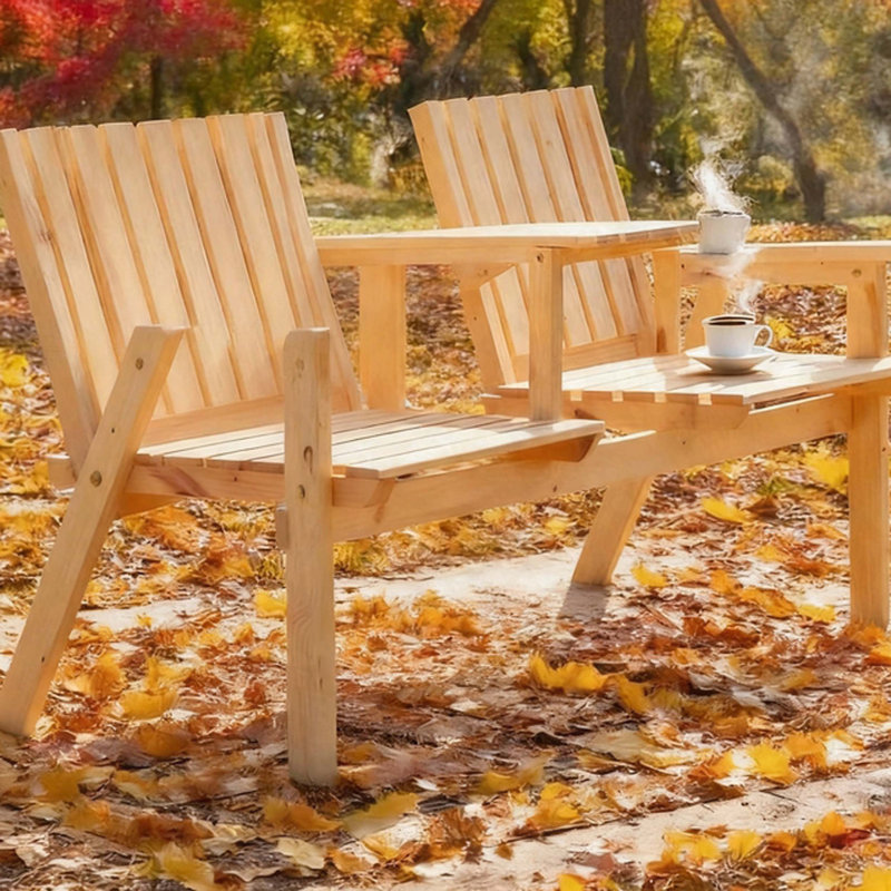 Outdoor Wood Bench with Center Table and Umbrella Hole, 550lbs Capacity, Natural
