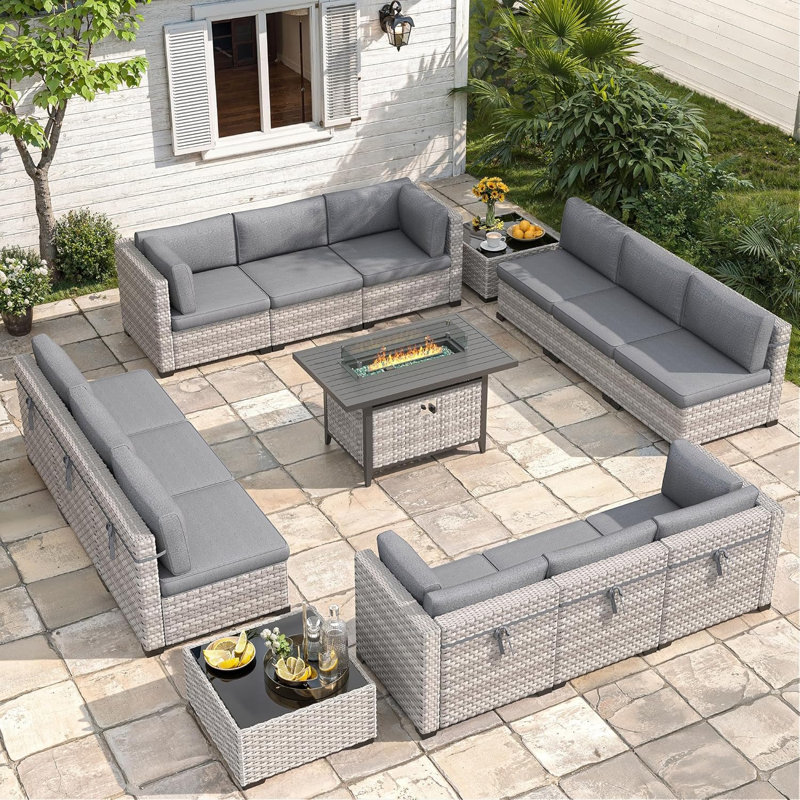 12 - Person Outdoor Wicker Patio Conversation Furniture Set with Fire Pit Table, Black